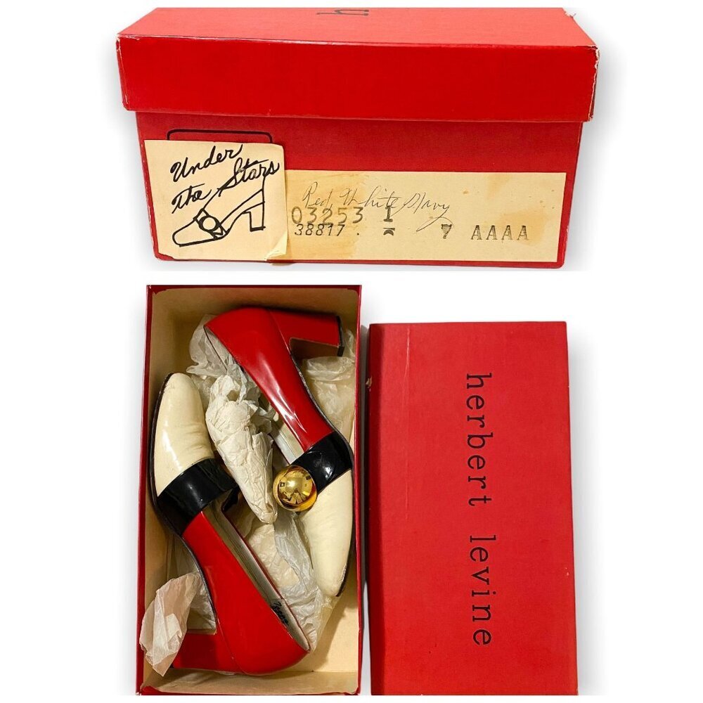 Vintage 1960s Herbert Levine Mod Patent Color Block Pumps Gold Orb Original Box - Picture 2 of 16